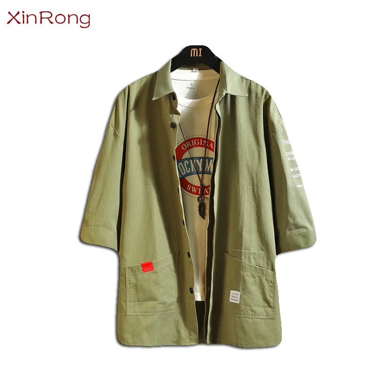 

Summer fashion new loose large size shirt cotton three-quarter sleeves cool trend young men casual wild X XXXL solid color shirt