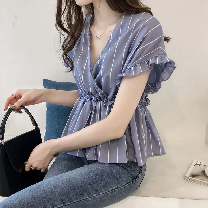 

Blouse Women Summer Ruffle Sleeve V-neck Striped Shirt for Women Blusas Ropa De Mujer