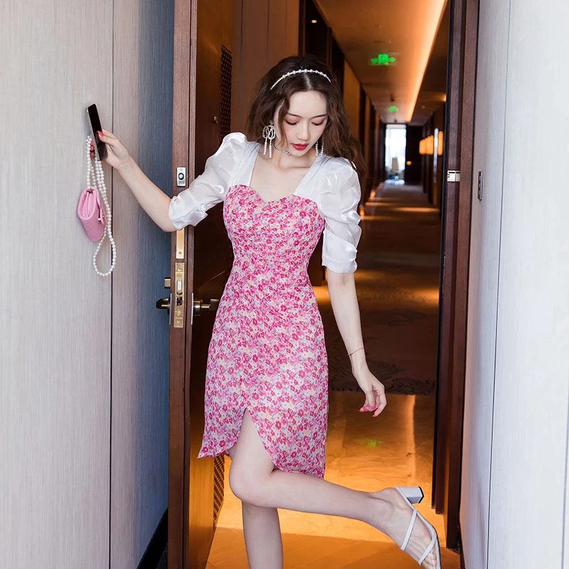 

Платье женское средней длины с квадратным вырезом, Элегантное повседневное милое винтажное лоскутное платье для отпуска с рукавами-фонари...