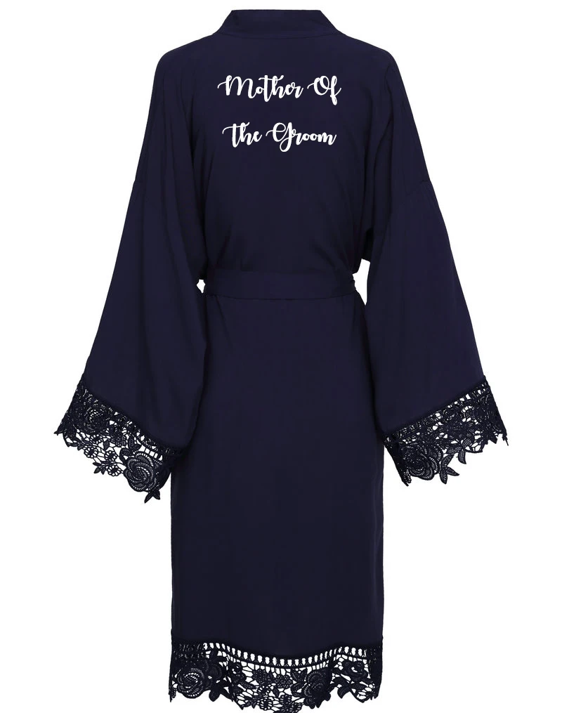 YUXINBRIDAL 2019 New Navy Solid Cotton Kimono Robes with Lace Trim Women Wedding Bridal Bathrobe Sleepwear White Print Bride