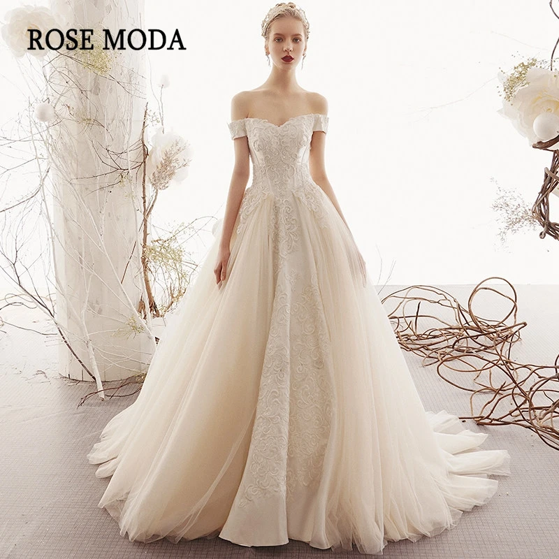 

Rose Moda Luxury Off the Shoulder Tulle Wedding Dress with Lace Princess Wedding Gown Lace Up Back