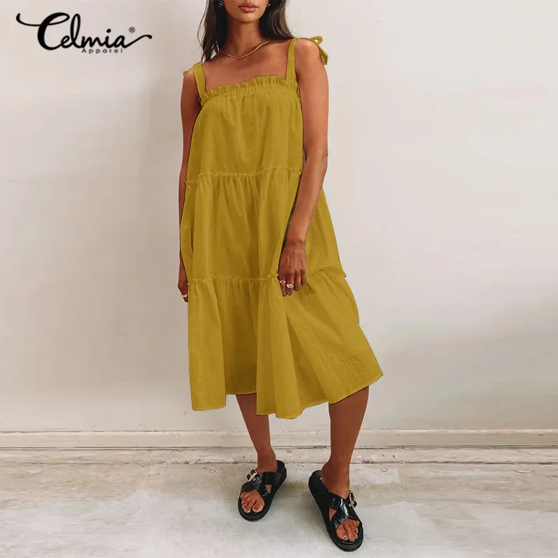 

Celmia Vacation Spaghetti Straps Midi Dress Women Fashion Pleated Stitching Solid Sundress Casual Loose Backless Summer Vestido