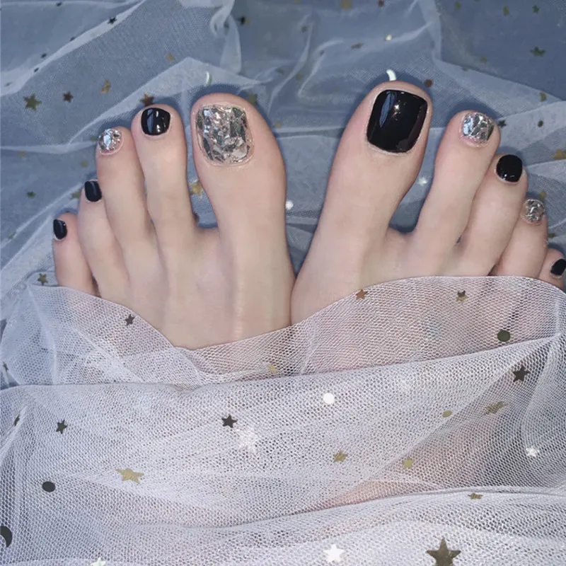 

24Pcs Fake Toenail Patch Wine Red Fake Nail High Quality Rhinestone Ladies Sexy Foot False Nail Patch Tools