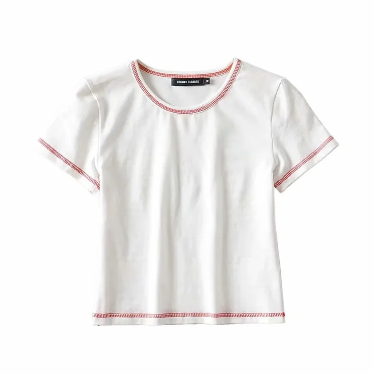 

2021 New Fashion Trend Summer Compassionate Line Decoration Round Neck Casual Simple Fresh Girl Tee White and Black Cropped Top