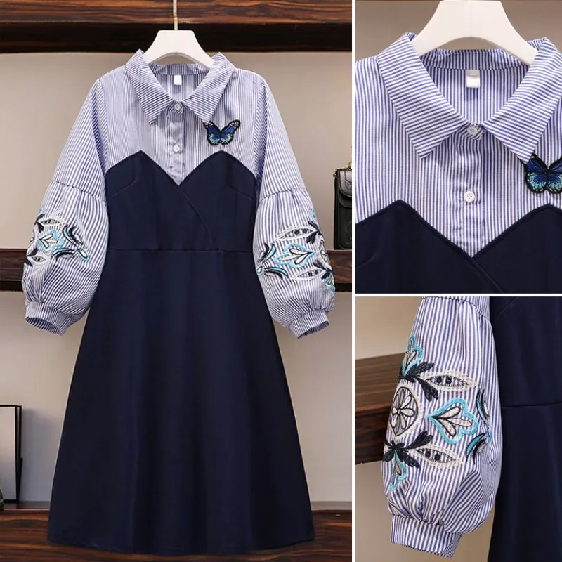 

embroidery Embroidered stripe Patchwork dress plus size L-5XL dress XXL XXXL 3XL XXXXL 4XL long sleeves Skater slim Casual dress