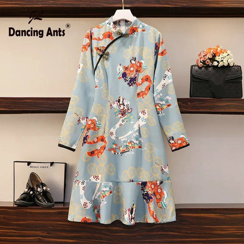 Женское платье большого размера с рисунком в китайском стиле а силуэта воротник