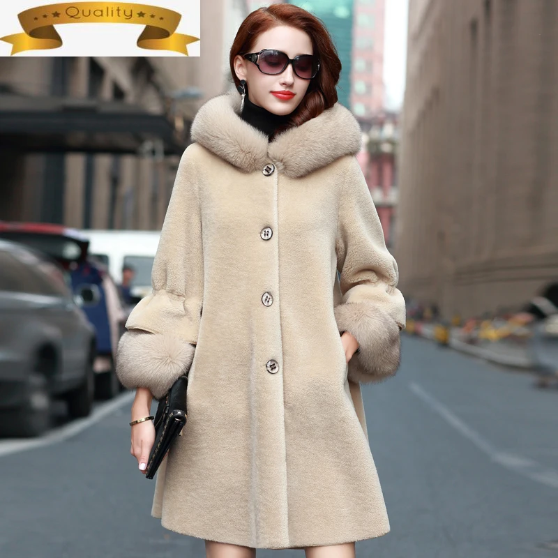 

Женское пальто из натурального меха, зимняя куртка из 100% шерсти с воротником из лисьего меха и капюшоном, 2021 110 KJ