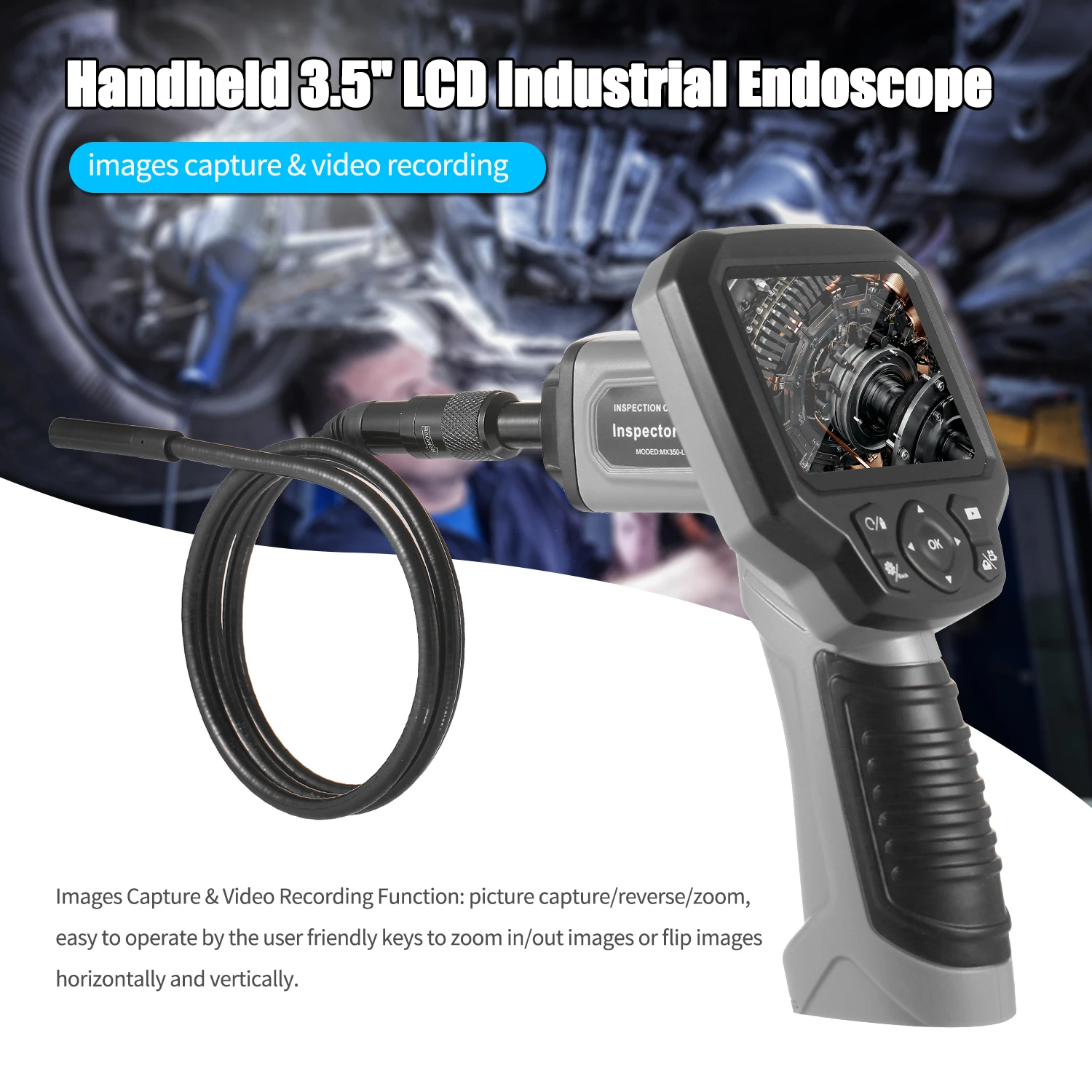

MX350 Industrial Endoscope LCD Borescope with 3.5-inch Screen 4 LED Lights Handheld Inspection Camera Videoscope