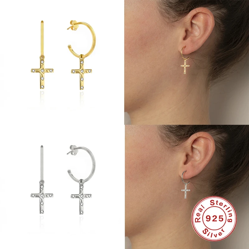 

Aide 925 Стерлинговое Серебро циркон крест кулон серьги большой круг C Форма с украшением в виде кристаллов серьги, модное ювелирное изделие