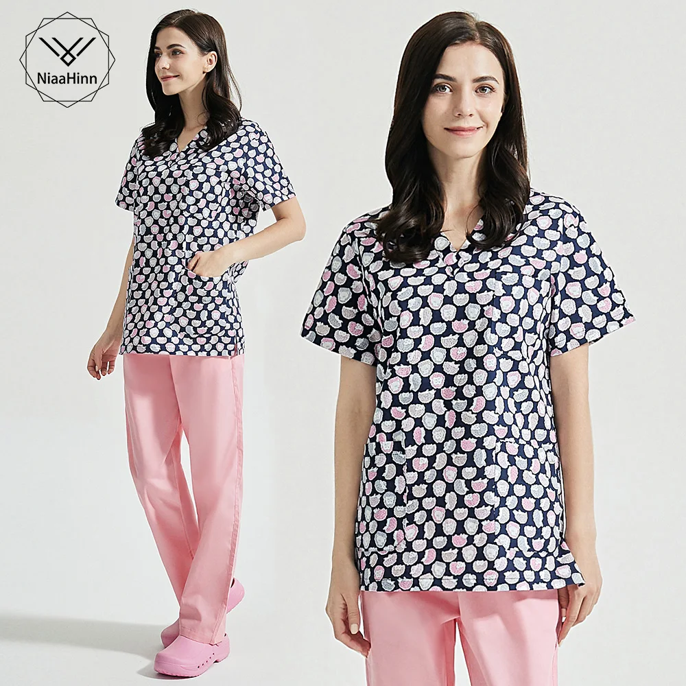

Lab cleaning job uniforms Scrubs uniform wholesale Unisex Cartoon printing scrubs tops scrubs work clothes tops/pants/set women