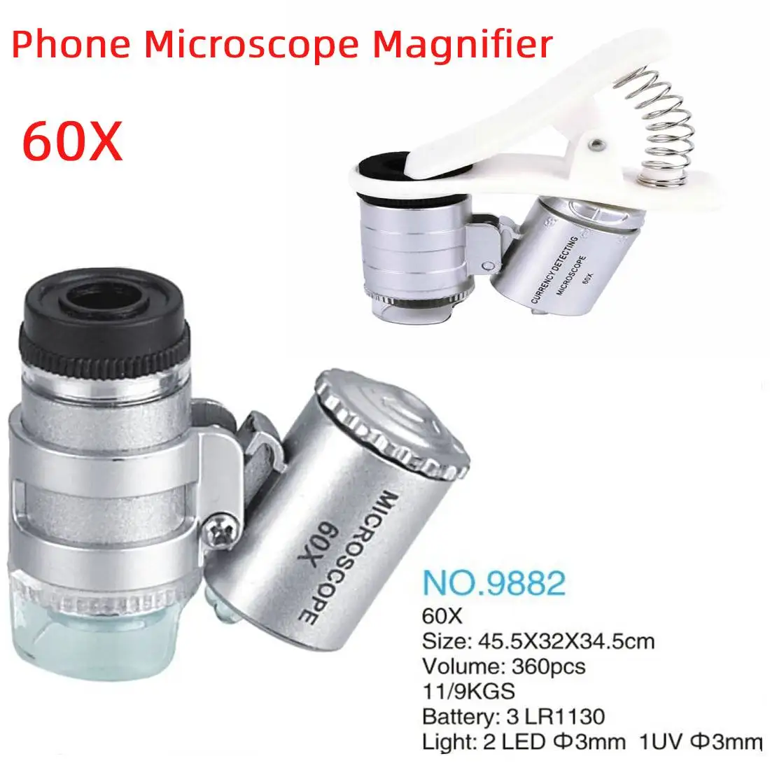 

60X Clip On Mobile Phone Microscope Magnifier with LED/ UV Lights for Universal Smart Phones Optical Zoom Telescope Camera Lens