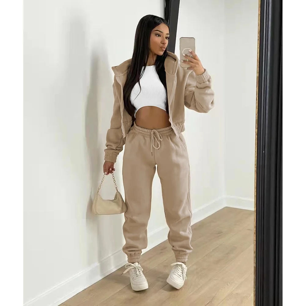 

Women's fleece-lined suit 2022 fashion tracksuit sweatsuits for women Two piece brown khaki red black sweatpants and hoodie set