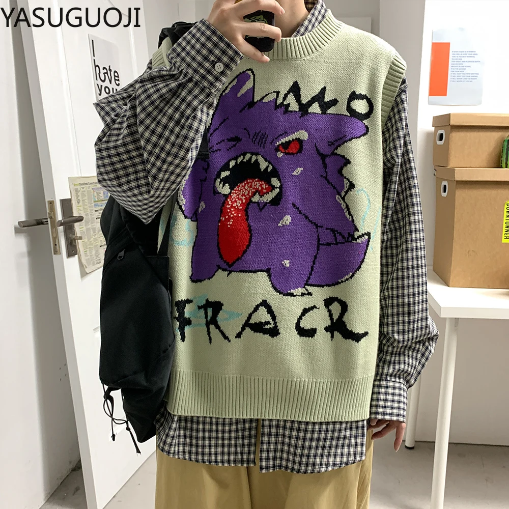 YASUGUOJI New 2021 Spring Hip Pop Cartoon Print Mens Sweater Vest High Street Loose Sleeveless Man Clothes | Мужская одежда