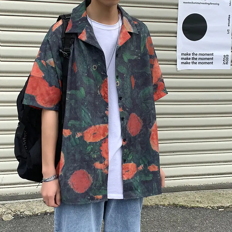 

Men's short-sleeved shirt 2021 summer new square collar loose fashion casual flower shirt campus youth men's clothing men