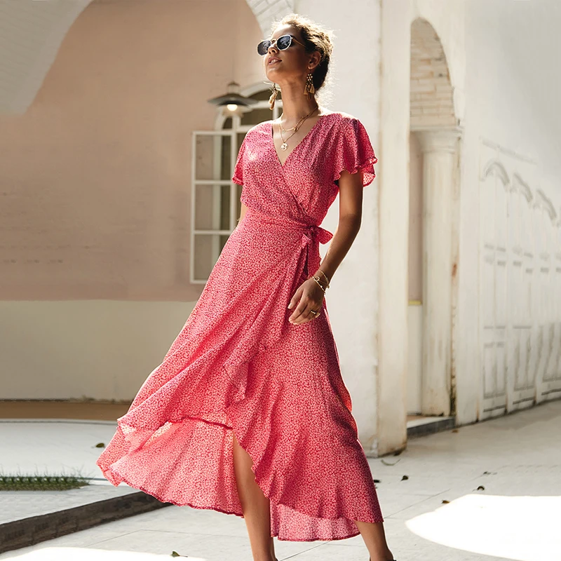 Женское платье с рукавом-бабочкой асимметричное пляжное в горошек V-образным