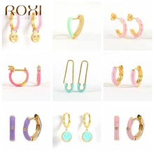 ROXI Enamel Hoop Earrings for Women Neon Round Heart Smiley Pin Jewelry Earrings 925 Sterling Silver Huggie Earrings Colorful