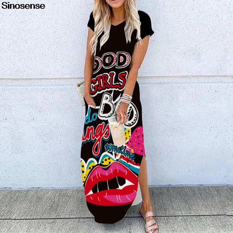 

Женское длинное платье-рубашка, летнее Повседневное Платье макси с Боковым Разрезом, V-образным вырезом и карманами, сарафан, вечервечерние ...