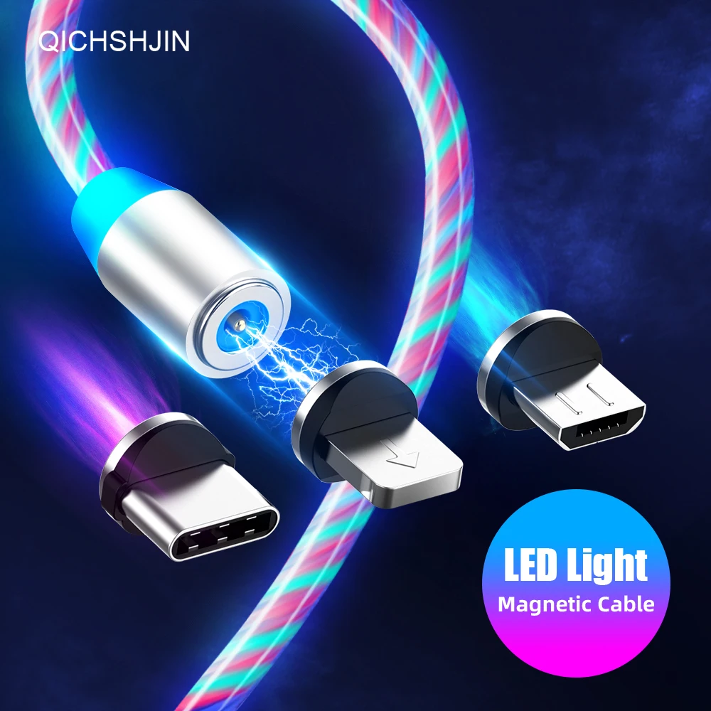 

Glowing Magnetic Cable Luminous Charging Cable LED light Micro USB Type C Charger for iPhone 12 11 8 Samsung Charge Wire Cord 1M