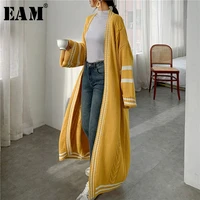 eam yellow big size knitting cardigan sweater loose fit v neck long sleeve women new fashion tide autumn winter 2021 1y164