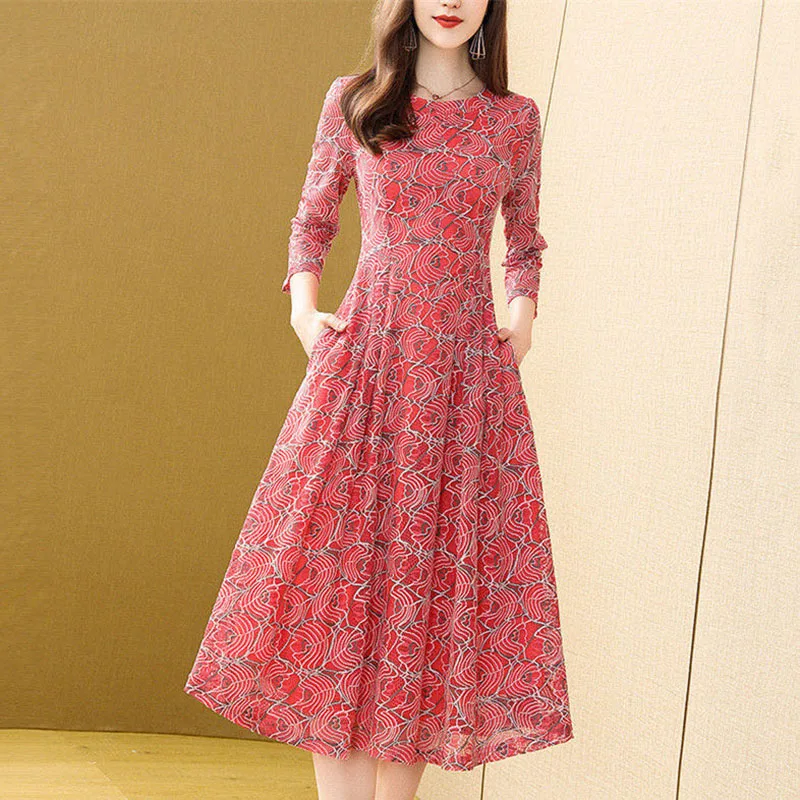 

2020 new spring and summer dress retro national style large size temperament was thin dress long middle-aged and elderly skirt