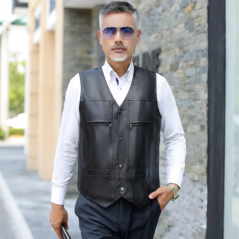 

Middle-aged elderly leather vest men velvet thick leather waistcoat dad clothes winter fleece warm windproof Jacket wool liner