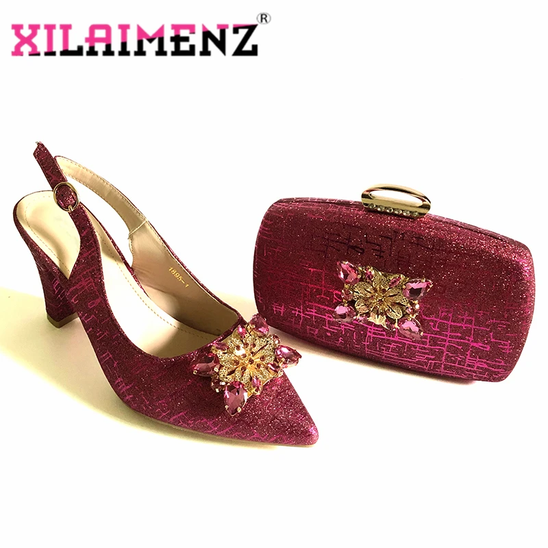 

Fuchsia Color Italian Women Shoes and Bag Set Nigerian Lady Shoes and Bag to Match with Shinning Crystal for Wedding Party