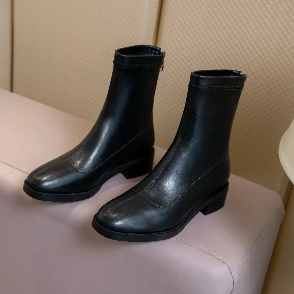 

QZYERAI Chelsea Short Boots Women Genuine Cow Leather flat bottom British style Thick heel Ankle boots Women Shoes