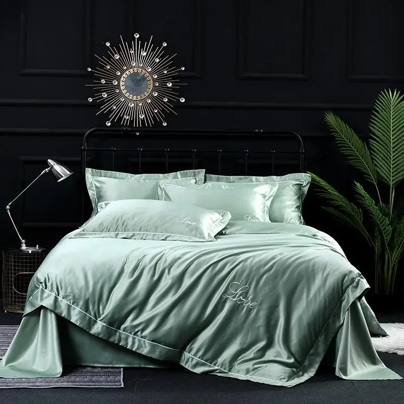 4pcs Home Textile silk tencel bedding set embroidery bed sheet duvet cover Fitted Bed Flat king queen size | Дом и сад