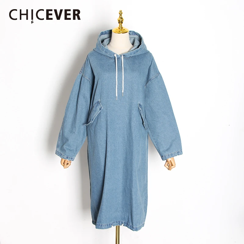 Женское джинсовое платье CHICEVER свободное большого размера с капюшоном и длинным