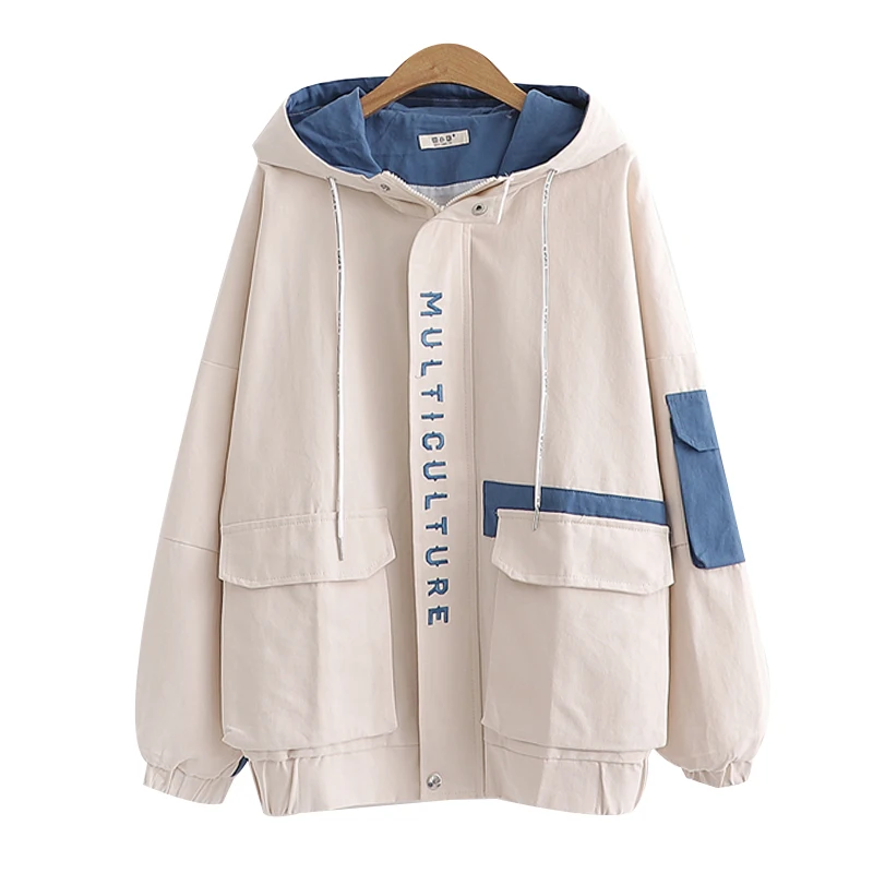 2019 осенний женский основной куртка на молнии с капюшоном и вышивкой контрастный