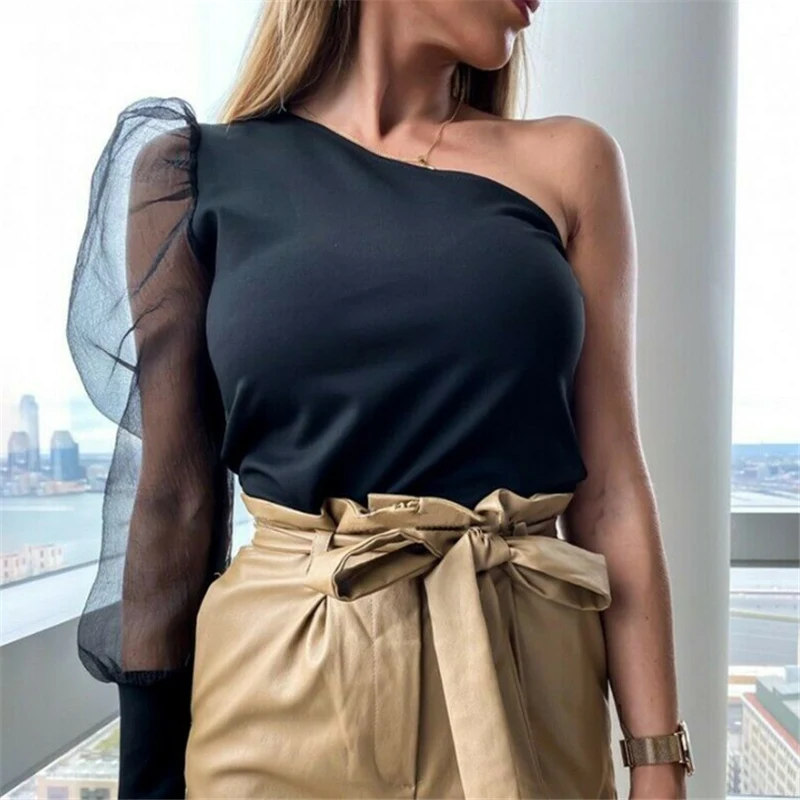 Женское Сетчатое боди на одно плечо черное прозрачное в уличном стиле для