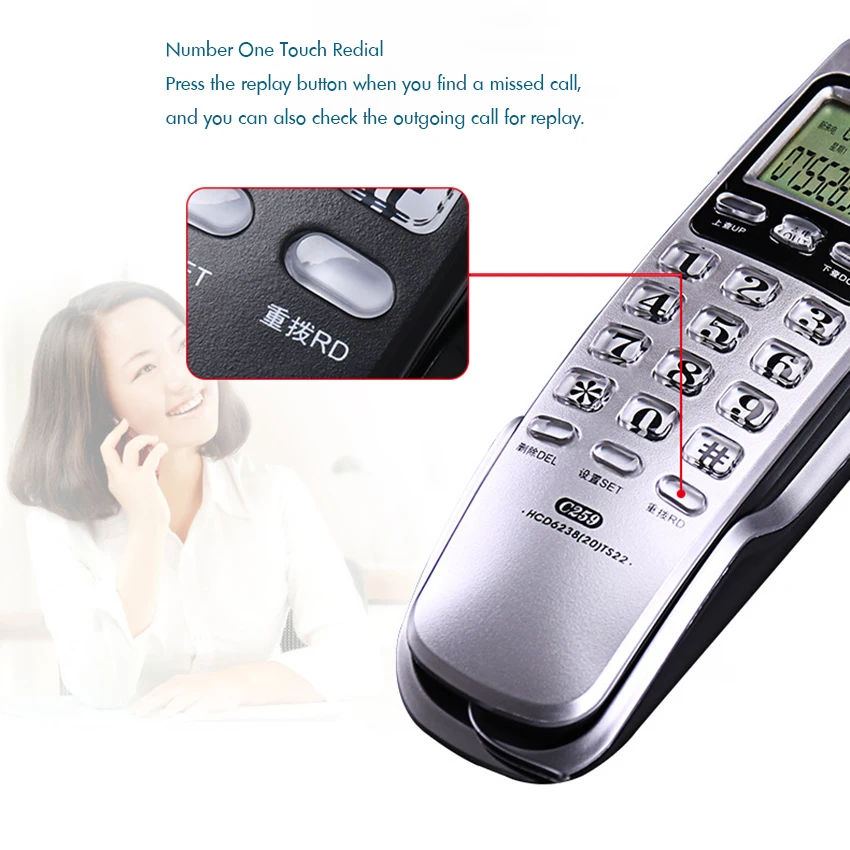 trimline corded phone with caller id redial lcd display desk wall hanging phone telephone big buttom for home hotel office free global shipping