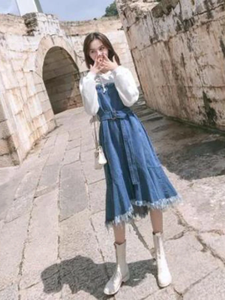 

Autumn and winter new fashion age-reducing temperament dress fairy cowboy stitching fake two-piece suit