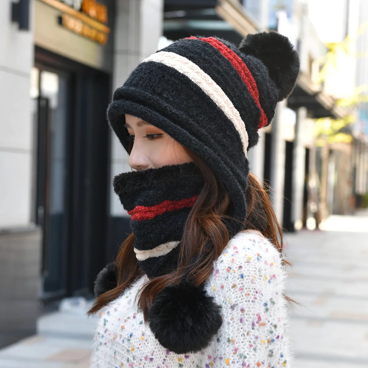 

Hat women's winter Korean style all-match cycling wool hat chenille fleece warm knitted hat scarf two-piece set