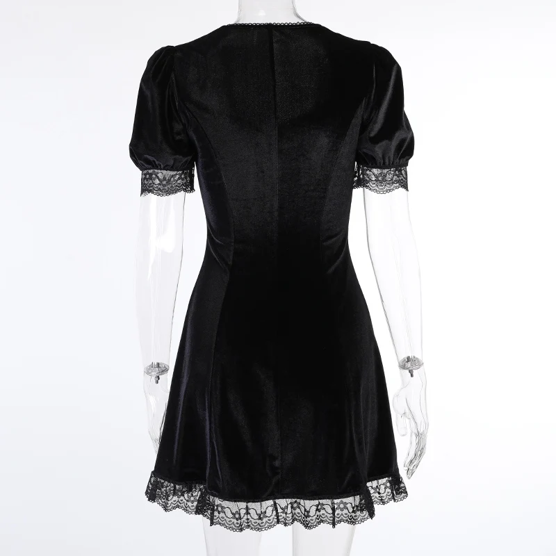 

Velvet Black Dress Goth Aesthetic Short Sleeve Lace Hem Sexy Mini Dress Gothic Vintage Dress Spring Autumn Dresses For Women