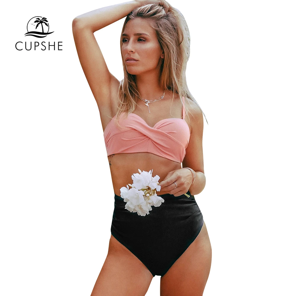 CUPSHE розовый и черный с высокой талией бикини наборы сексуальный пуш ап Мягкий