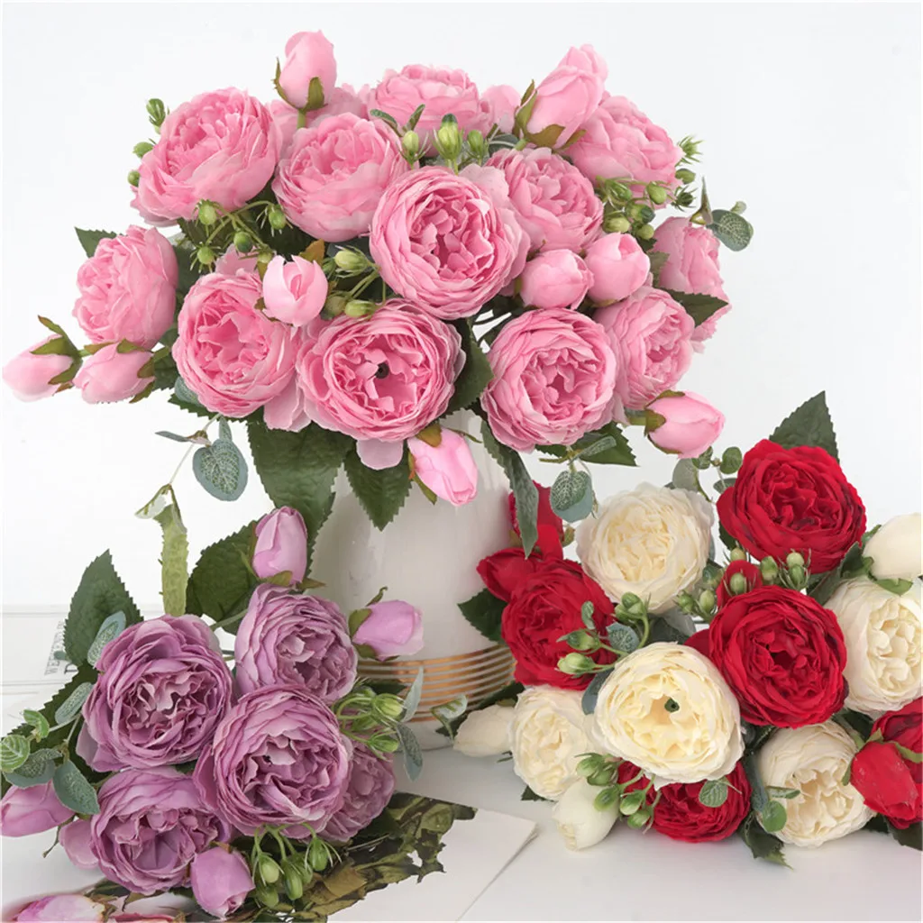 

Artificial Peony Tea Flowers Camellia Silk 9 Heads Fake Rose Flower Pompons For DIY Home Garden Wedding Party Decoration