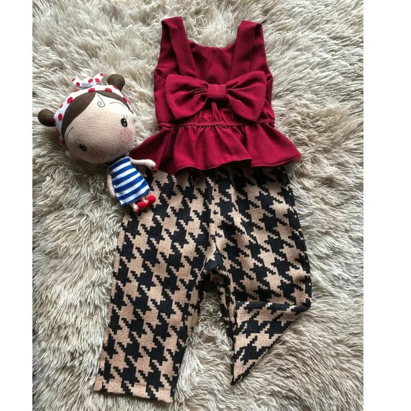 Фото Летняя одежда для малышей девочек топы с бантом и штаны в клетку комплекты