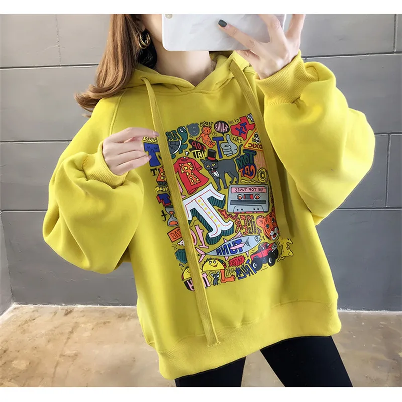 High Street Knit Hooded Letter Lady Fleece Pullovers Ins Style Add Velvet Thick Woman Hoodies Autumn Winter Clothes
