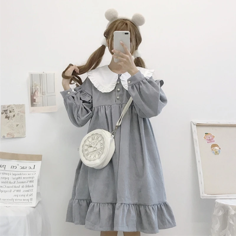 Осенне-зимнее Повседневное платье в стиле Лолиты Kawaii, новое японское милое ретро платье с кукольным воротником, свободное плиссированное платье с длинными рукавами