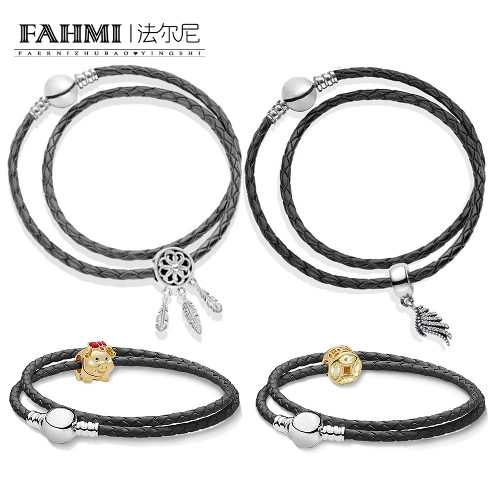 

FAHMI 100% 925 Sterling Silver 1:1 SHINE PIGGY Good Fortune Coin SPIRITUAL DREAMCATCHER Beads DOUBLE WOVEN LEATHER BRACELET Set