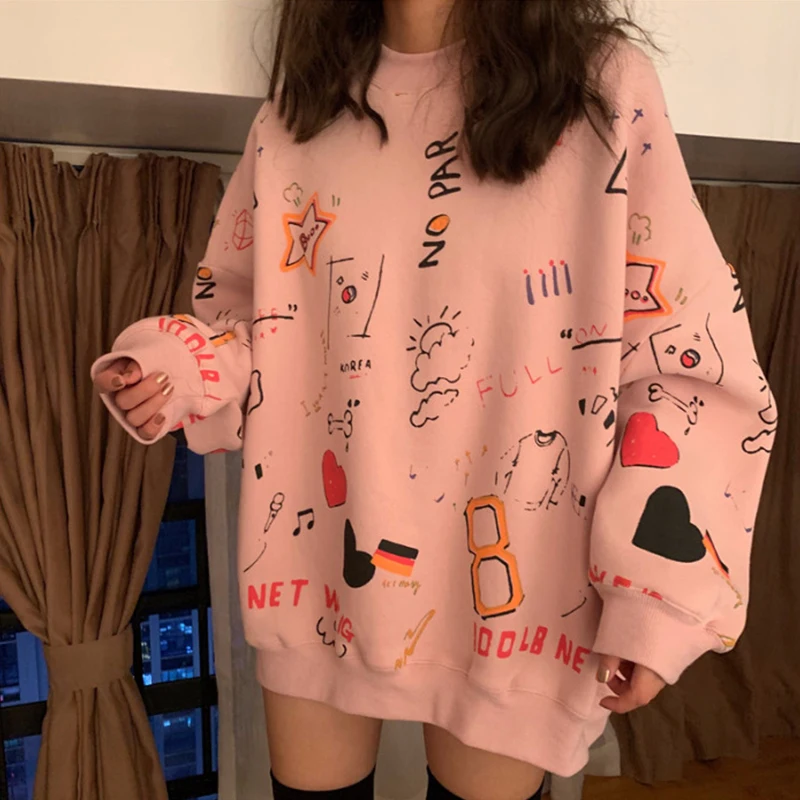 

2020 Spring Women Clothes Hoodies Teen Street Harajuku Hip Hop Pastel Sweatshirt for Women Printing Loose Leisure Hoodie Bts