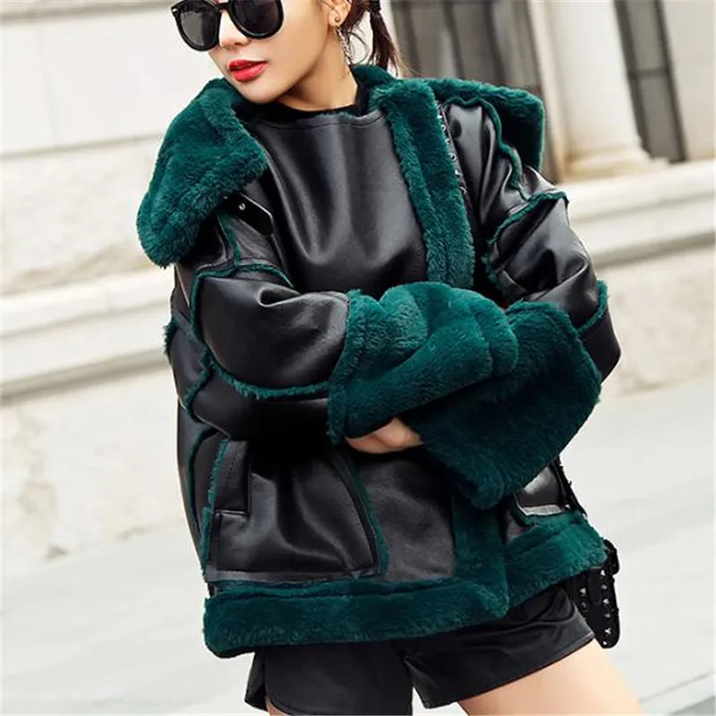 Толстая кожаная куртка пальто для женщин зима 2019 новая свободная имитация