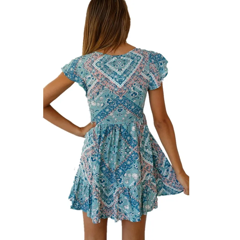 

LOSSKY Retro Floral Print Boho Beach Mini Dress Sexy V Neck Short Sleeve With Button Women's Summer Dresses Casual A Line Dress