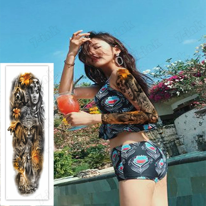 

Temporary Full-arm Tattoo Sticker Chief Indian Leopard Flower Animal Warrior Arm Waterproof Fake Tatto 480*170mm for Men Women