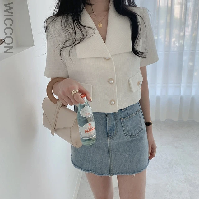 

Blazer Women Single-breasted Lapel Short-sleeve Vintage Simple Elegant Office Lady Korean Style High-quality Trendy Slim Outwear