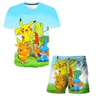 Спортивная одежда для мальчиков и девочек с покемонами, летний костюм, новинка, Детская мода, детские шорты без рукавов и футболка с покемоном, комплекты из 2 предметов для детей 2021
