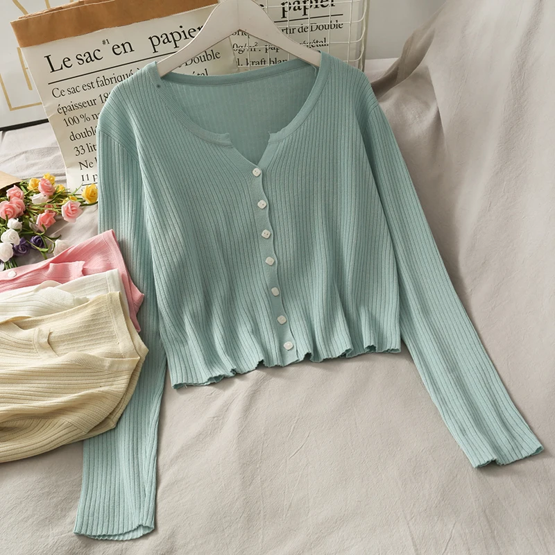 Укороченный кардиган дешевый Свитер оверсайз с длинным рукавом женская блуза