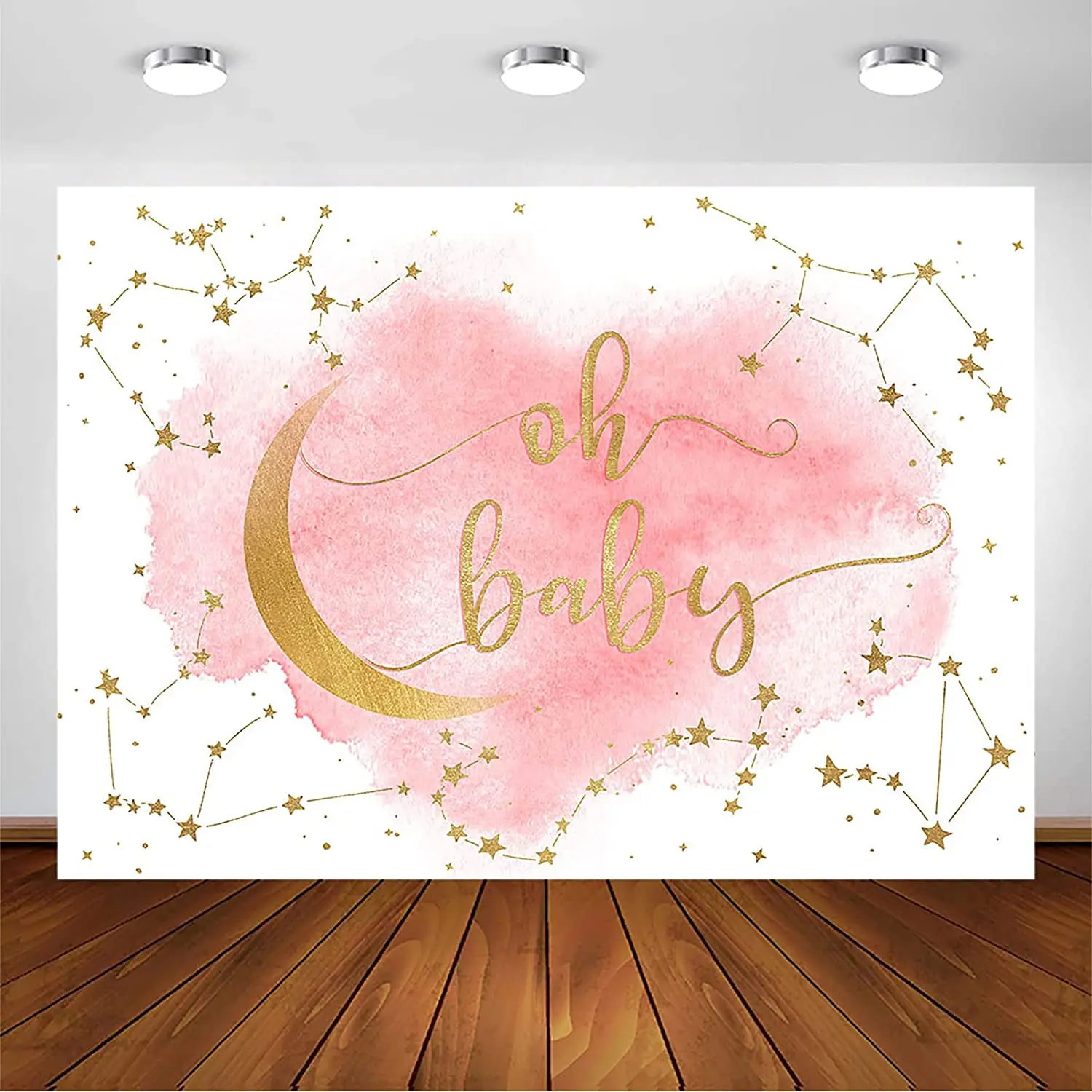 Celestial Baby Backdrop for Girl's Baby Shower Party Decorations Photoshoot Background Twinkle Little Star Moon Pink and Gold