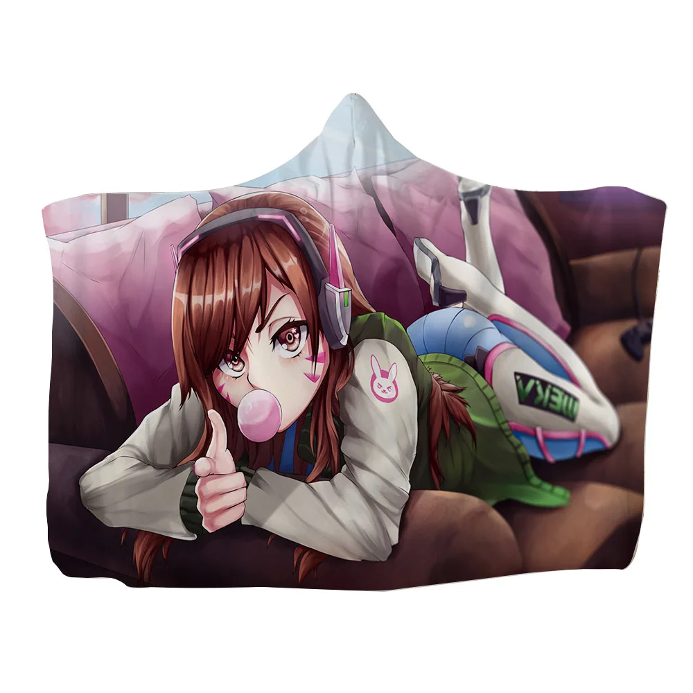 

Game Over Watches D.VA SOLDIER 76 3D Printed Flannel Hooded Blanket Picnic Wearable Fleece Throw Warm Gift for Kids Adults